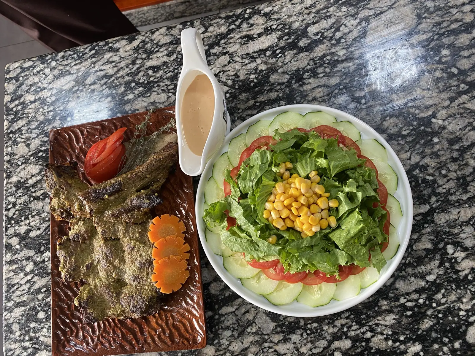 Grilled meat with a Caesar salad