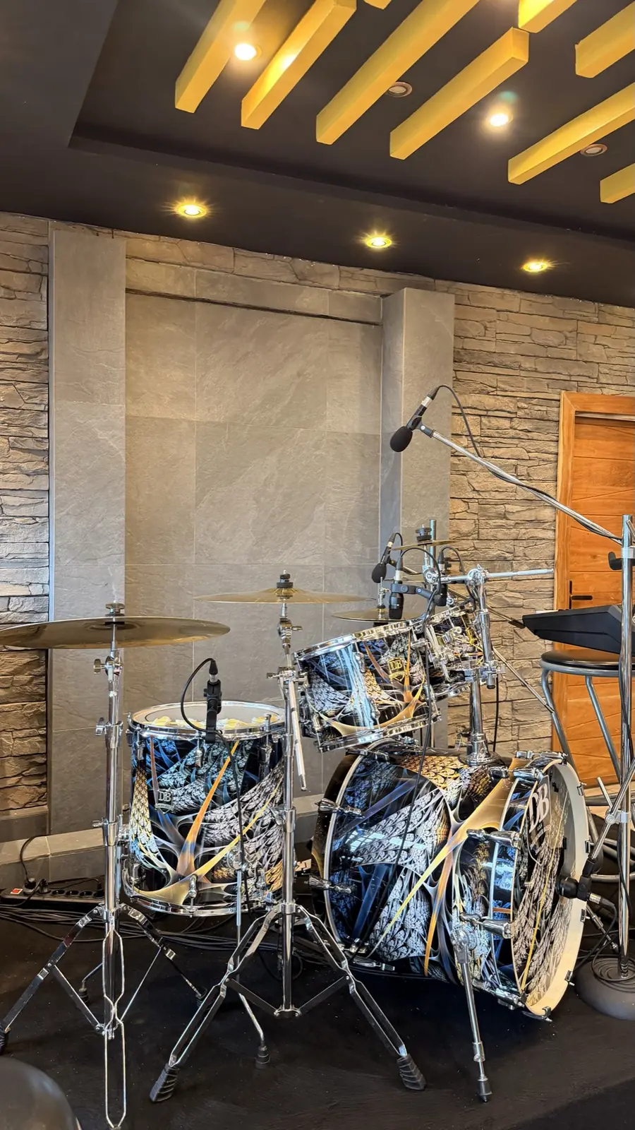 The drum kit on the live stage